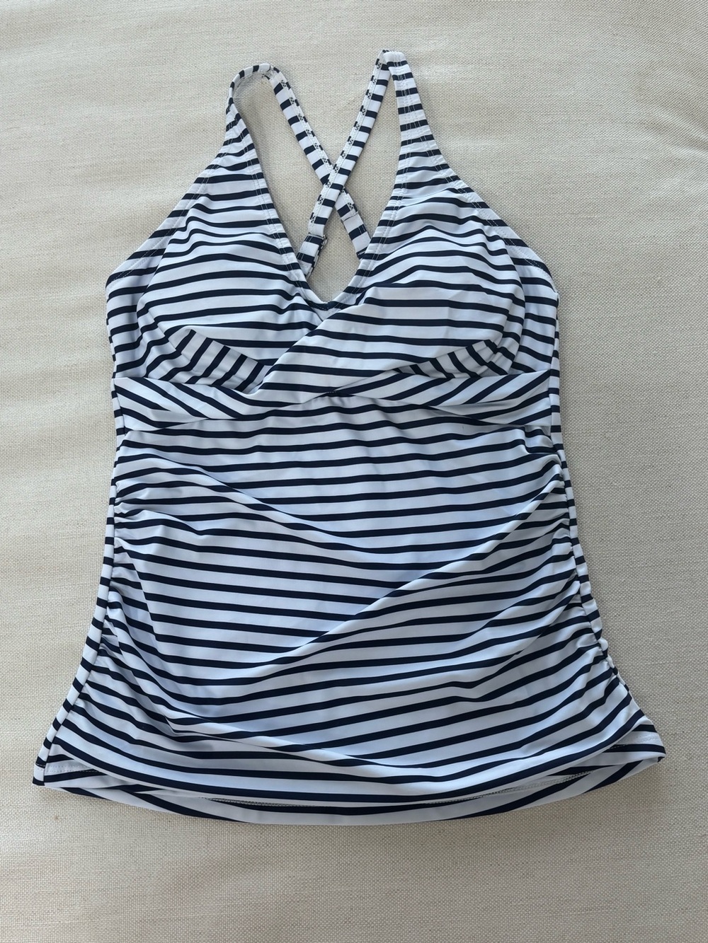 Navy Blue & White Striped Ruched Tankini Swim Top | Size S